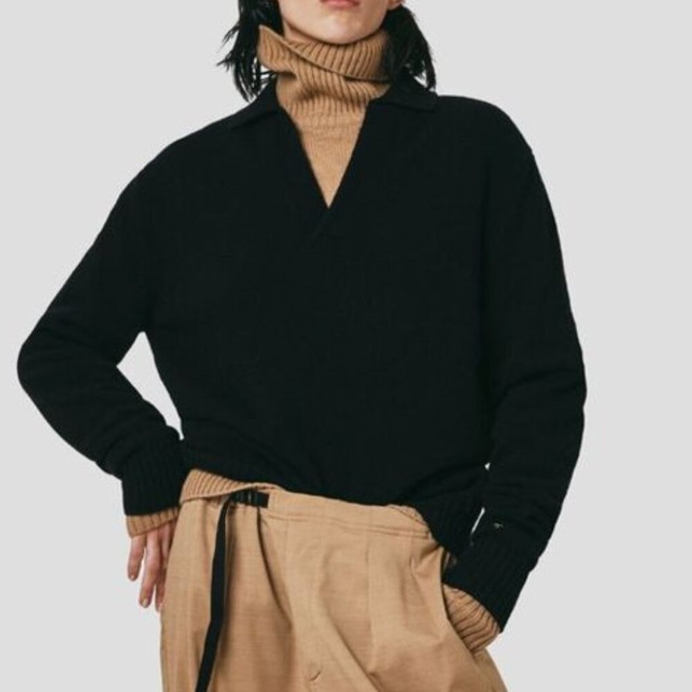 Seven Gauge Black Wool Polo Sweater